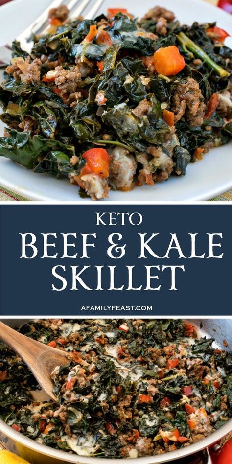 Tender Tuscan kale, ground beef, bell peppers, sun dried tomatoes and lemon give this easy, keto-friendly Beef and Kale Skillet tons of flavor! Beef And Kale, Kale Skillet, Tuscan Kale, Spring Mix Salad, Keto Beef, Boiled Egg Diet Plan, Kale Recipes, Family Feast, Healthy Low Carb Recipes