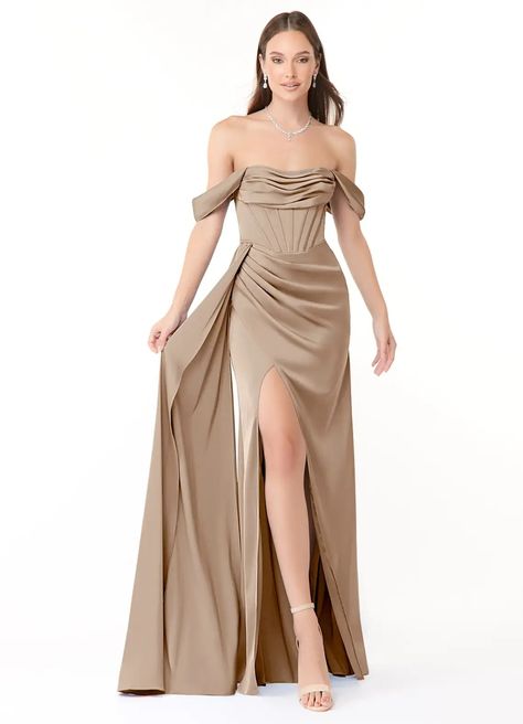 Taupe Azazie Amyra Bridesmaid Dresses | Azazie Beige Bridesmaid Dress, Beige Bridesmaids, Taupe Bridesmaid Dresses, Blush Pink Bridesmaid Dresses, Silver Bridesmaid Dresses, Stretch Satin Dress, Rose Bridesmaid Dresses, Champagne Bridesmaid, Champagne Bridesmaid Dresses