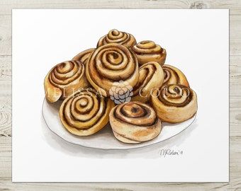 Bakery Art, Sticky Buns Recipes, Recipe Tea Towel, Sticky Buns, Sweet Roll, Gcse Art, Food Drawing, Cinnamon Roll, Watercolor Art Prints