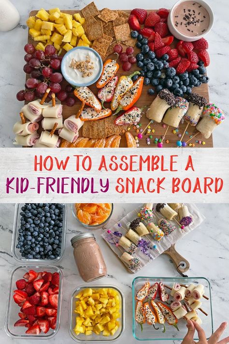 Snack board with assorted kid-friendly snacks including grapes, pineapple, stuffed mini sweet peppers, yogurt dip ad berrries After School Snack, Snack Platter, Kid Friendly Snack, Charcuterie Inspiration, Snack Board, Party Food Platters, School Snack, Summer Lunch, Charcuterie Recipes