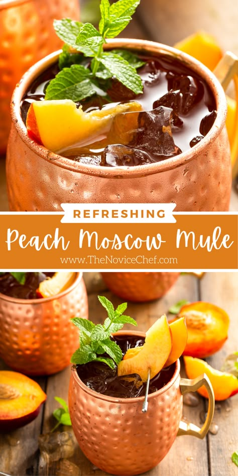 Sweet Peach Moscow Mule Recipe - The Novice Chef Summer Moscow Mule Recipe, Easy Mule Drink Recipes, Peach Moscow Mule Recipe, Mule Drink Recipes, Different Moscow Mule Recipes, Grapefruit Moscow Mule, Moscow Mule Drink Recipes, Peach Whiskey, Booze Drink