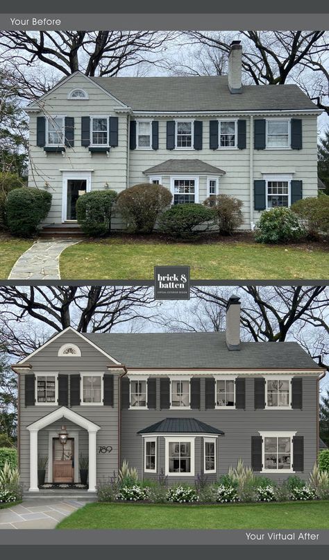 The 9 Best Gray Exterior Paint Colors of 2021 | brick&batten Benjamin Moore Gray Exterior House Paint, Gray House Black Shutters, Grey Exterior House Colors With Brick, Best Gray Exterior Paint Colors, Dark Gray Exterior House Colors, Gray Exterior Paint Colors, Gray Brick House Exterior, Light Gray House, Grey Brick House Exterior