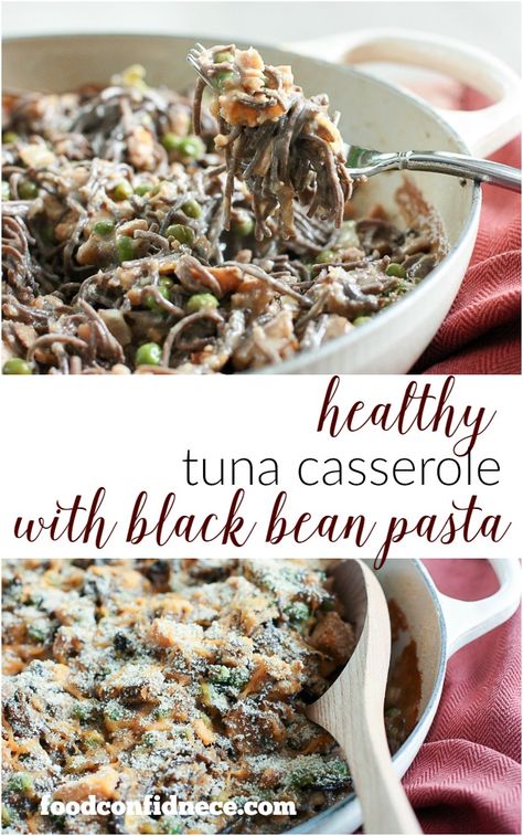 Healthy tuna casserole with black bean pasta. The perfect weeknight recipe that will please the whole family! Black Bean Spaghetti Recipes, Healthy Tuna Casserole, Black Bean Pasta Recipes, Black Bean Spaghetti, Bean Pasta Recipes, Black Bean Pasta, Healthy Tuna, Perfect Pantry, Bean Pasta