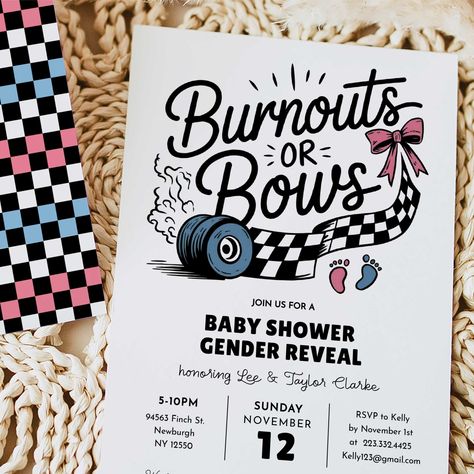 Celebrate in style with this editable Burnouts or Bows Gender Reveal Invitation - a fun and unique way to announce your baby's gender! 👉 𝗧𝗥𝗬 𝗧𝗛𝗘 𝗗𝗘𝗠𝗢 - 𝙘𝙪𝙩 𝙖𝙣𝙙 𝙥𝙖𝙨𝙩𝙚 𝙩𝙝𝙚 𝙗𝙚𝙡𝙤𝙬 𝙡𝙞𝙣𝙠 https://templett.com/design/demo/theprintnest/29423374 ⬆️TRY THE DEMO OUT NOW ✅ INSTANT ACCESS ✅ NO EXPIRATION DATE ✅ EDIT MOST WORDING/FONTS/COLORS ✅ PRINT AT HOME OR PROFESSIONALLY This listing is for an INSTANT DOWNLOAD, so you will have access to your template within minutes of pu Gender Reveal Motorcycle Theme, Burn Out Gender Reveal Ideas, Exhaust Gender Reveal, Burnout Gender Reveal Ideas, Burn Outs Or Bows Gender Reveal, Burn Out Gender Reveal, Gender Reveal Ideas Car Theme, Car Gender Reveal, Bows Or Burnouts