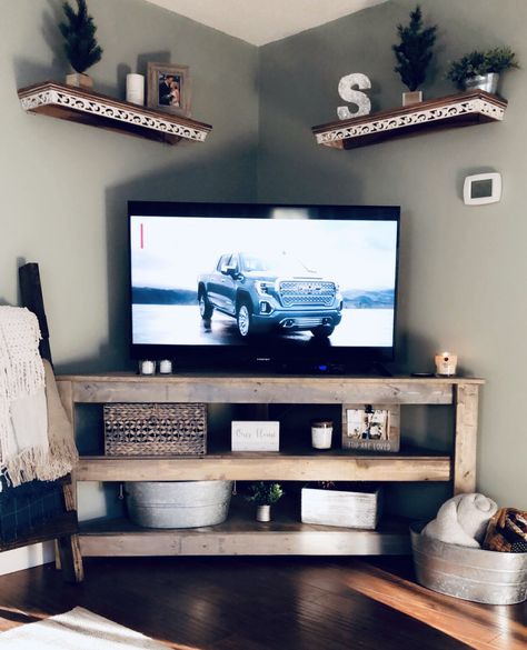 Farmhouse Tv Corner Decor, How To Put A Tv In A Corner, Corner Shelf Above Tv, Corner Tv Shelves Floating, Diy Floating Corner Tv Stand, Diy Corner Tv Shelf, Tv On Corner Wall Ideas Living Room, Corner Tv Mantle, Corner Tv In Living Room