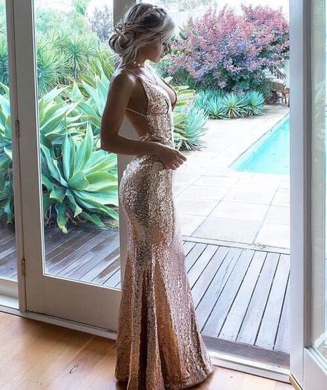 Prom Dress Rose Gold, Rose Gold Prom Dresses, Prom Dress Rose, V Neck Formal Dress, Short Prom Dresses Cheap, Rose Gold Prom, Long Sleeve Prom Dresses, Sleeve Prom Dresses, Backless Prom Dress