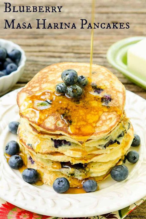 Blueberry Masa Harina Pancakes are sweet, fluffy, and loaded with fresh blueberries. They have a delightful corn flavor and are gluten-free. Recipes With Masa Flour, Maseca Recipes, Corn Flour Recipes, Masa Recipes, Gf Breakfast, No Flour Pancakes, Gluten Free Breakfasts, Pancakes And Waffles, Pancake Recipe