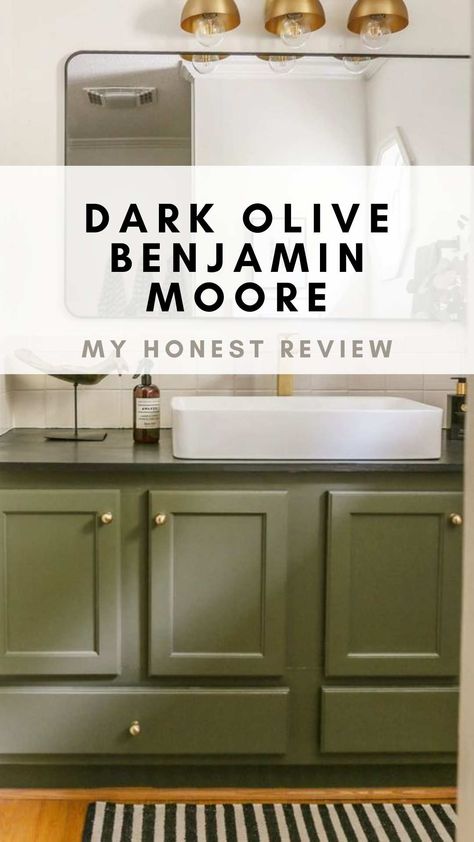 Dark Olive paint color by Benjamin Moore on bathroom cabinets Bonsai Benjamin Moore, Mediterranean Olive Benjamin Moore, Bm Dark Olive, Dark Olive Benjamin Moore, Olive Benjamin Moore, Green Benjamin Moore, Benjamin Moore Bathroom, Door Diy Projects, Shoji White