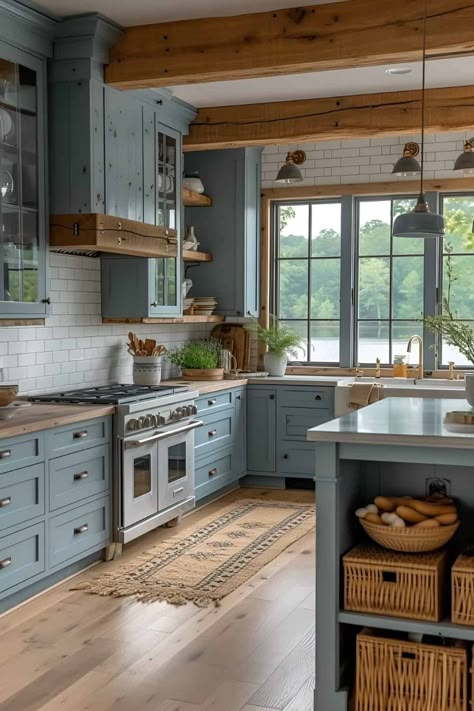 16 Breathtaking Kitchen Cabinet Designs for Coastal Living Blue Kitchen Cabinets, Blue Cabinets, Blue Kitchen, Kitchen Cabinet Colors, Blue Kitchens, Cottage Kitchen, Kitchen Cabinet Design, Wood Flooring, Wood Kitchen