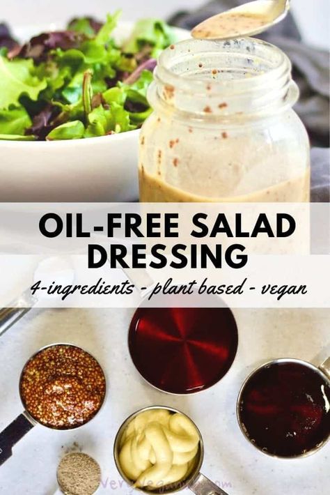 Just 4 ingredients, this oil-free salad dressing recipe transforms your greens or pasta salad from dull to delicious. Shake everything up in a mason jar and you're done in under 4 minutes! Honey mustard vinaigrette oil-free, fat-free and vegan options available. #honey #mustard #redwinevinegar #oilfree #saladdressing #4ingredient #easy #dressing #oilfreesaladdressing Bean Protocol, Plant Based Dressing, Sugar Free Barbecue Sauce, Vegan Dressings, Oil Free Salad Dressing, Honey Mustard Salad Dressing, Mustard Salad Dressing, Vegan Salad Dressing, Mustard Vinaigrette