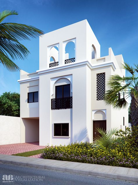 Proposed 3D photo rendering of Arabic style villa Islamic Architecture House, Arabian Architecture, Arabic Architecture, Classical Villa, Santorini House, Apartments Exterior, Home Styles Exterior, Moorish Architecture, Commercial And Office Architecture