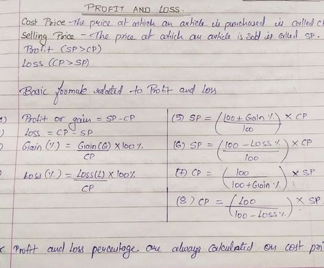 Profit and Loss Concept, Formula Profit And Loss Formula, Banking Notes, Sped Math, Profit And Loss, Teaching Math Strategies, Cutwork Blouse, Math Strategies, Math Words, Class 8