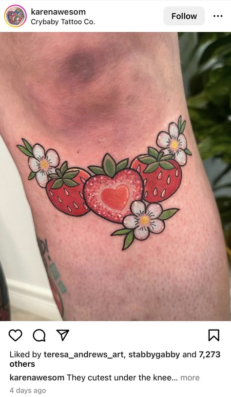 Strawberry Chest Tattoo, Strawberry Knee Tattoo, Cherry Pie Tattoo, Strawberry Shortcake Tattoo, Cupcake Tattoo Designs, Dessert Tattoo, Fruit Tattoos, Strawberry Tattoos, Cake Tattoo