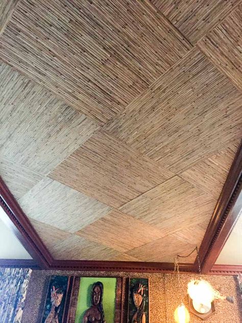 A grasscloth bamboo ceiling for my home tiki bar, The Mahalo Lounge - Retro Renovation Tropical Ceiling Design, Tiki Ceiling, Bamboo Ceiling Ideas, Reed Ceiling, Tornado Room, Textured Ceiling, Grass Cloth Wallpaper, Home Tiki Bar, Cloth Wallpaper