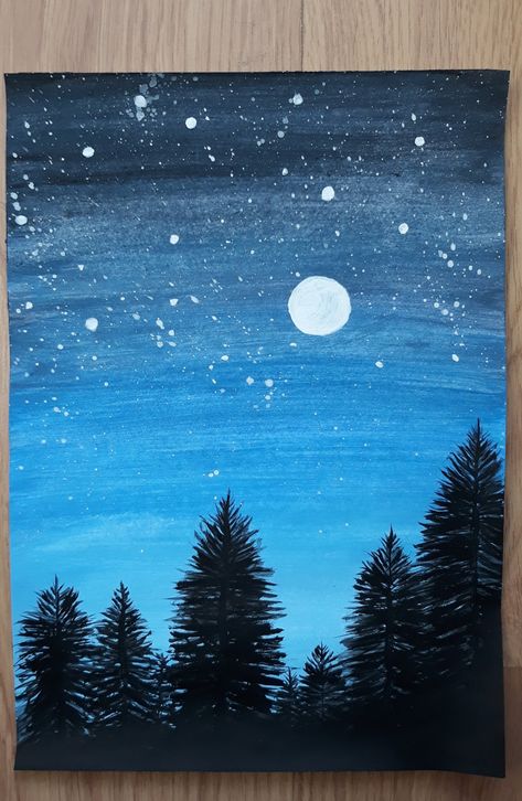 Acrylic painting of the night sky above the forest. Canvas Acrilyc Painting, Night Canvas Painting Moonlight, Midnight Acrylic Painting, Landscape Night Painting, Forest Night Sky Painting, Night Time Tree Painting, Silhouette Tree Painting, Acrylic Painting Night Sky Moonlight, Night Sky With Trees Painting