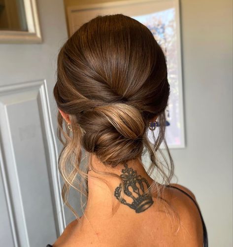 Hair Guest Wedding, Backless Hairstyles Open Backs, Hairdos For Open Back Dress, Up Do For Open Back Dress, Updo Covering Ears, Updos Front View, Bridesmaid Hairstyles Brunette Up Dos, Bridesmaid Updo For Fine Hair, Updo Brunette Wedding