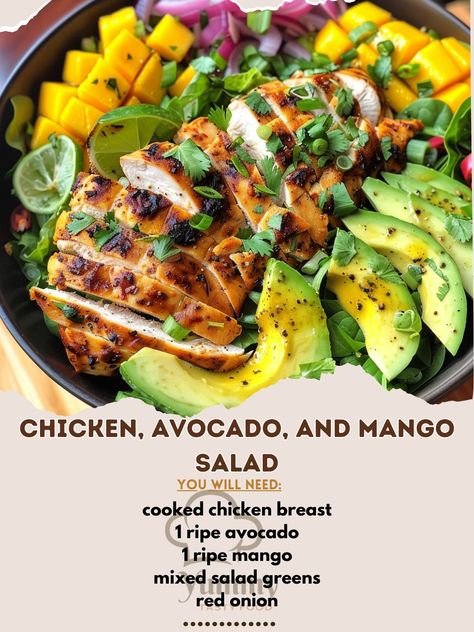 🥑🍗 Refresh your taste buds with Chicken, Avocado, and Mango Salad! Perfectly balanced, colorful, and bursting with flavors. #FreshEats #SaladGoals Chicken, Avocado, and Mango Salad Recipe 🥭 Ingredients: 200g cooked chicken breast, sliced 1 ripe avocado, sliced 1 ripe mango, sliced 100g mixed salad greens 30g red onion, thinly sliced 15ml olive oil 15ml lime juice Salt and pepper to taste Fresh cilantro for garnish Instructions: In a large salad bowl, arrange the mixed greens. Top with sli... Chicken Mango Salad, Mango Salad Recipe, Mixed Salad, Ripe Mango, Fresh Eats, Avocado Salad Recipes, Large Salad, Salad Greens, Mango Salad