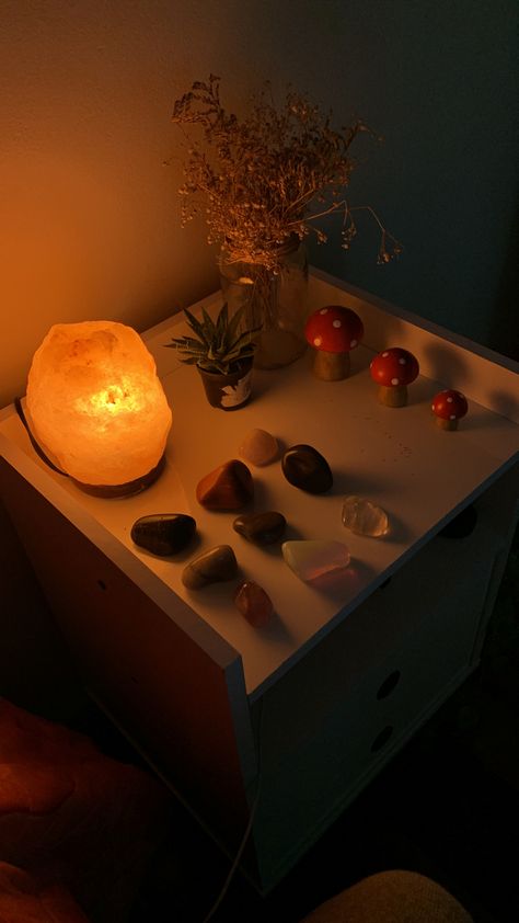 Bed Side Table, Salt Lamp, Bedside Lamp, Edison Light Bulbs, Bedside Table, Stones And Crystals, Side Table, Salt, Crystals