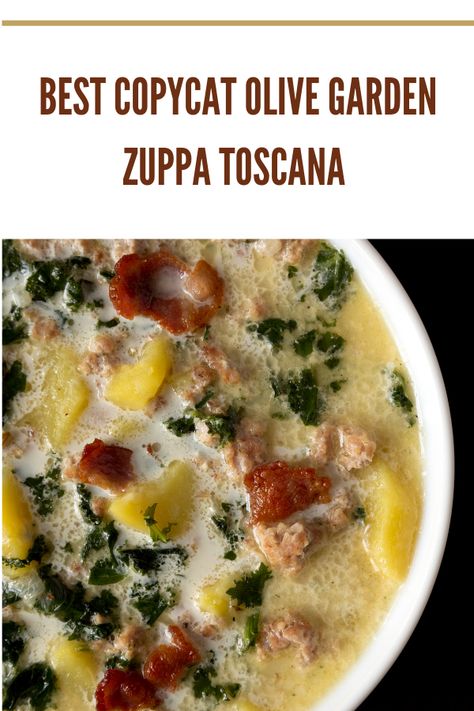 Recreate Olive Garden's famous Zuppa Toscana with this easy and flavorful copycat recipe! Loaded with Italian sausage, fresh kale, and tender potatoes in a rich, creamy broth, this dish is perfect for cozy dinners, meal prepping, or impressing your family. Enjoy the best copycat version of this classic soup from the comfort of your own kitchen. Pin now and experience restaurant-quality flavor in every spoonful! #ZuppaToscana #CopycatRecipe #OliveGardenRecipe #ComfortFood #SoupSeason #FamilyDinners #EasyRecipes #MealPrep #DinnerIdeas Olive Garden Soup Zuppa, Zupa Toscana Soup, Zupa Toscana, Copycat Olive Garden Soup, Tuscano Soup, Copycat Olive Garden Zuppa Toscana, Copycat Olive Garden Zuppa, Experience Restaurant, Copycat Zuppa