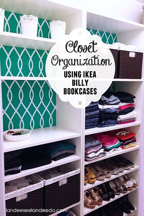 Do this in master bedroom closet in place of the wire shelving. Ideas Recibidor, Ikea Closet Hack, Ikea Closet Organizer, Closet Makeover Diy, Closet Ikea, Master Closet Organization, Billy Bookcases, Closet Diy, Ikea Billy Bookcase Hack