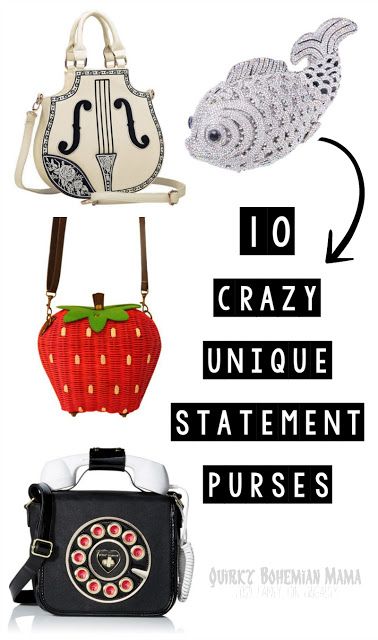 10 Crazy Unique Statement Purses. These handbags are kooky and I love everyone one them. I probably wouldn't carry any - not because they're totally insane but because they're not exactly my style as I'm not much into kitschy fashion. BUT that does't mean I don't appreciate these purses for the amazing works of art they really are. Take a look and be amazed at the 10 totally crazy unique purses. Kitschy Fashion, Weird Purses, Crazy Purses, Unique Purses And Handbags, Funny Purses, Handmade Purses And Handbags, Unusual Handbags, Funky Purses, Eccentric Fashion