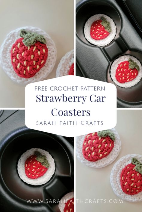 Free Crochet Pattern: Strawberry Car Coasters - Sarah Faith Crafts - Free Knitting and Crochet Patterns Faith Crafts, Crochet Car, Crochet Strawberry, Crochet Coaster Pattern, Easy Crochet Projects, Crochet Kitchen, Fun Crochet Projects, Knitting And Crochet, Diy Crochet Projects