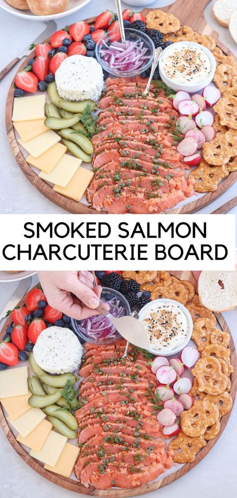 round charcuterie board with smoked salmon, pretzel chips, boursin cheese, pickled and fresh fruit. Smoked Salmon Charcuterie, Salmon Charcuterie Board, Salmon Charcuterie, Easy Cheese Board, Charcuterie Board Easy, Salmon Snack, Smoked Salmon Platter, Salmon Appetizer Recipes, Cheese Board Easy