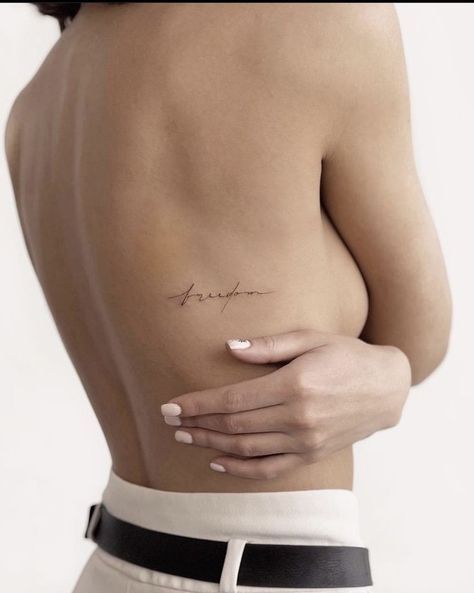 Back Under Bra Tattoo, Back And Rib Tattoo Women, Back Bra Line Tattoo, Apricity Tattoo, Fineline Shoulder Tattoo, Nape Tattoo Women Minimalist, Tiny Rib Tattoos For Women, Rib Script Tattoo, Under Bra Tattoo