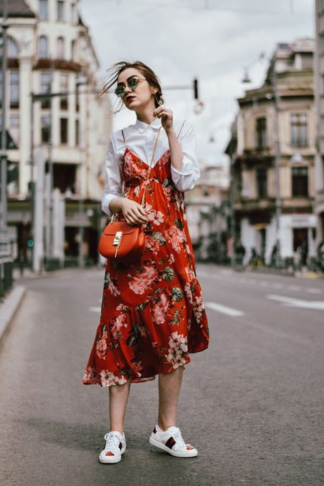 Mango midi red floral dress, asos white button down shirt, gucci ace heart white sneakers, topshop dress, white leather sneakers, kicks, red chloe drew bag, chloe drew lookalike bag, zara round 50mm mirrored sunglasses, ray ban sunnnies, gold earrings, layering with a slip dress, andreea birsan, couturezilla, cute spring outfit inspiration 2017, spring style, what to shop, chic oh a budget, spring minimal and girly outfit, european fashion blogger, romanian fashion blog, casual spring ootd, ... Fashion Blogger Style, Looks Street Style, Fashion Weeks, Inspired Outfits, Casual Summer Dresses, Girly Outfits, Mode Inspiration, Trendy Dresses, Look Chic