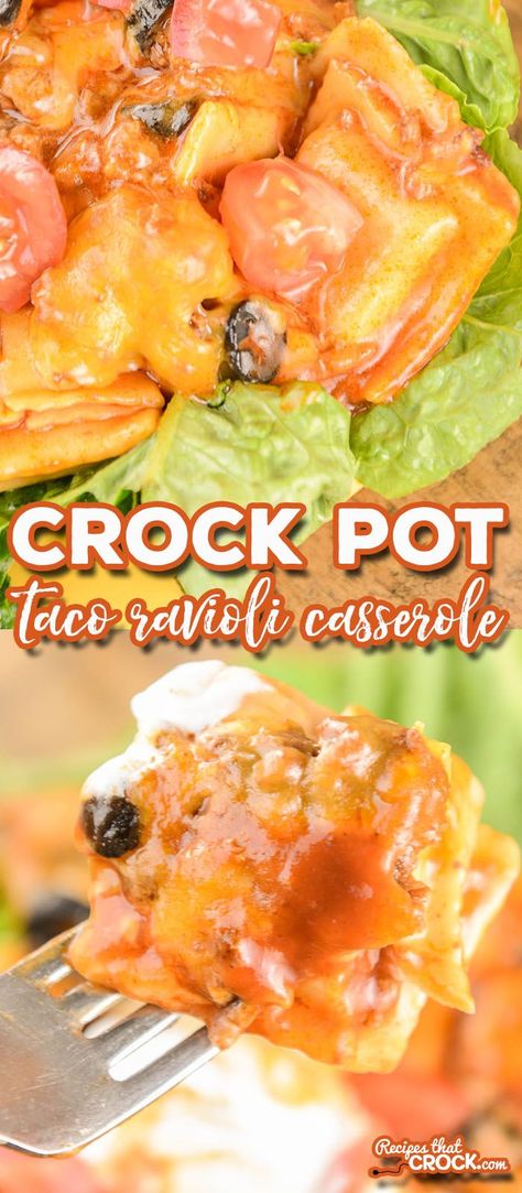 This Crock Pot Taco Ravioli Casserole recipe is the perfect way to switch up taco night and so simple to put together. It was an instant family dinner favorite at our house! Taco Ravioli, Taco Chicken Crockpot, Crockpot Casseroles, Casserole Crockpot, Ravioli Casserole, Low Carb Taco, Taco Chicken, Slow Cooker Stuffed Peppers, Instant Family