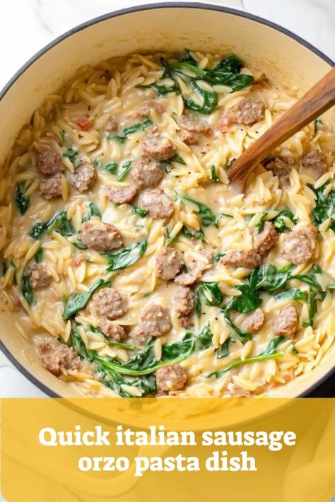 Fast and easy Italian sausage orzo pasta dish, perfect for weeknight dinners with Italian sausages and pasta. Italian Sausage Pasta Recipes, Italian Sausage Orzo, Chicken Thighs Slow Cooker Recipes, Pasta Italian Sausage, Simple Weeknight Dinners, Chicken Orzo Pasta, Sausage Orzo, Pasta With Italian Sausage, Pasta Recipes Quick