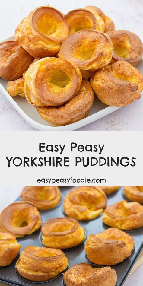 These homemade Yorkshire puddings are so easy peasy and taste so amazing, you will never again even consider buying ready-made yorkies! Better still they rise perfectly every time, only take 5 minutes hands-on time and are practically foolproof #yorkshirepuddings #easyyorkshirepuddings #foolproofyorkshirepuddings #easypeasyyorkshirepuddings #homemadeyorkshirepuddings #roastdinner #roastbeef #roastbeefandyorkshirepuddings #yorkshirepuddingtin #vegetarian #easydinners #sundaylunch #easypeasyfoodie Homemade Yorkshire Pudding, Baking Savory, Yorkshire Pudding Batter, Yorkshire Pudding Recipe, Savoury Meals, Popover Recipe, Yorkshire Pudding Recipes, Yorkshire Puddings, Christmas Meals