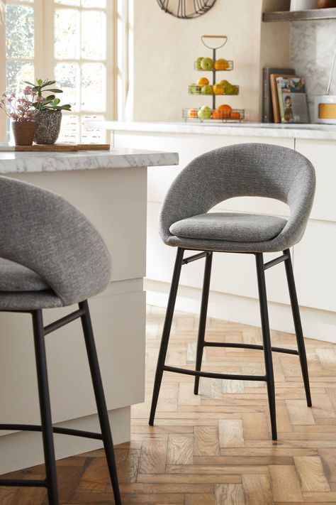 Buy Tweedy Plain Mid Grey Black Leg Hewitt Fixed Height Bar Stool from the Next UK online shop Bar Stools Uk, Kitchen Island Stools, Kitchen Breakfast Bar Stools, Island Stools, Arm Bar, Breakfast Bar Stools, Stools For Kitchen Island, Modern Bar Stools, Grey Kitchen