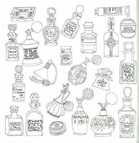 Perfume Bottle Tattoo, Fashion Coloring Book, Bottle Drawing, Bottle Tattoo, Paris Style, Streets Of Paris, Vintage Bottles, Bullet Journal Doodles, Coloring Book Art