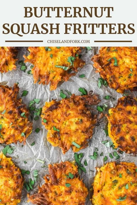 If you want to change it up for a tasty side dish, these butternut squash fritters are not only easy to prepare but will leave you wanting more. #butternutsquashfritters #fritters #butternutsquash #siderecipes | chiselandfork.com Butternut Squash Crackers, Fried Butternut Squash Recipes, Butternut Side Dish, Butternut Fritters Recipe, Butternut Side Dish Recipes, Fresh Butternut Squash Recipes, Butternut Squash Fritters Recipes, Butternut Squash Patties, Leftover Squash Recipes