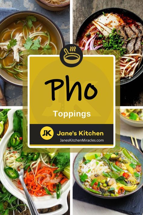 Various toppings on pho soups Pho Toppings, Pho Soup Recipe Easy, Steak Toppings, Pho Soup Recipe, Baked Okra, Bowl Of Pho, Pickled Mustard Greens, Pho Recipe, Pho Soup