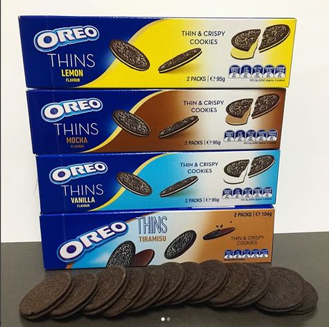 Oreo Thins..Lemon, Tiramisu, Vanilla & Mocha Lemon Tiramisu, Oreo Thins, Crispy Cookies, Oreo Cookies, Mocha, Oreo, Gum, Vanilla, Lemon