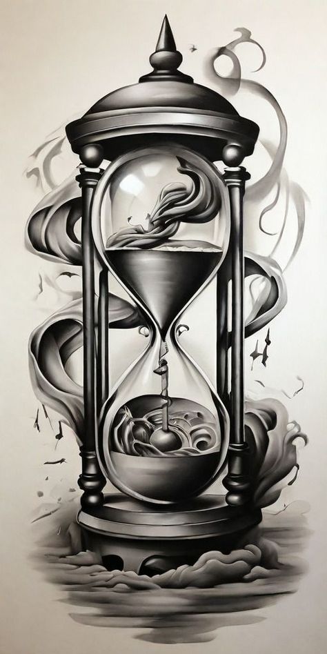 Sand Clock Tattoo Design, Sand Clock Tattoo, Hourglass Tattoo Design, Hour Glass Tattoo Design, Scroll Tattoos, Forearm Cover Up Tattoos, Word Tattoos With Meaning, Word Tattoo Ideas, Leg Sleeve Tattoos