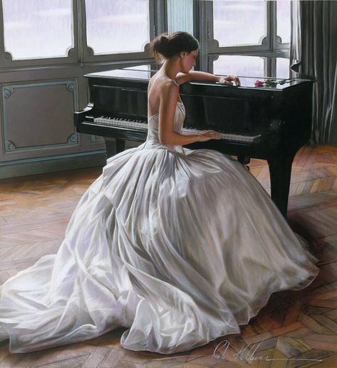 Artist Ron Hefferans Photorealistic Glamorous Oil Paintings wedding dress back Piano Photoshoot, Piano Photography, Piano Girl, Piano Art, Realistic Oil Painting, Paintings Famous, Beautiful Oil Paintings, Figurative Artists, Oil Painting Portrait