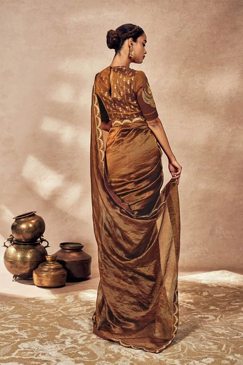 House Of Masaba Brown Madakal Tissue Sari And Blouse | Indiaspopup.com – INDIASPOPUP.COM Brown Tissue Saree, Tissue Saree Look, Brown Organza Saree, Tissue Saree Blouse Designs, Gold Tissue Saree, House Of Masaba, Tissue Fabric, Tissue Sarees, Rajasthani Dress