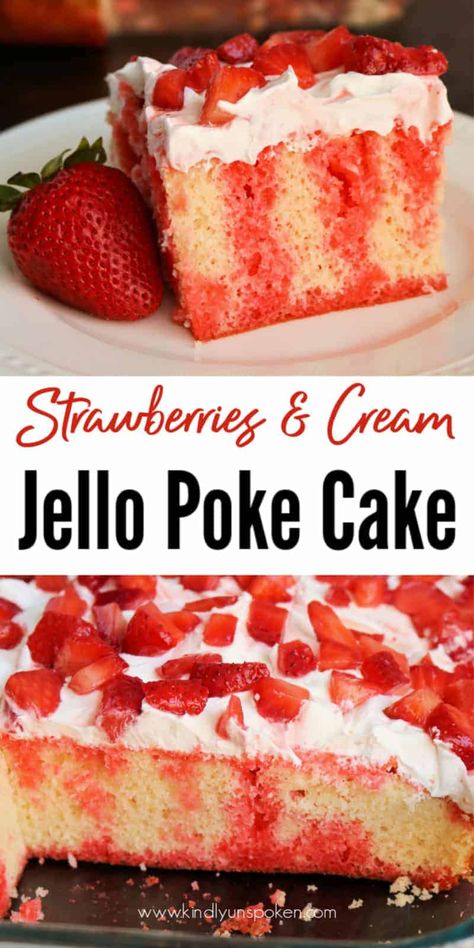 Strawberry Jello Poke Cake, Cream Jello, Strawberry Jello Cake, Jello Cake Recipes, Dessert Strawberries, Jello Poke Cake, Cream Poke Cake, Poke Cake Jello, Strawberry Poke Cakes