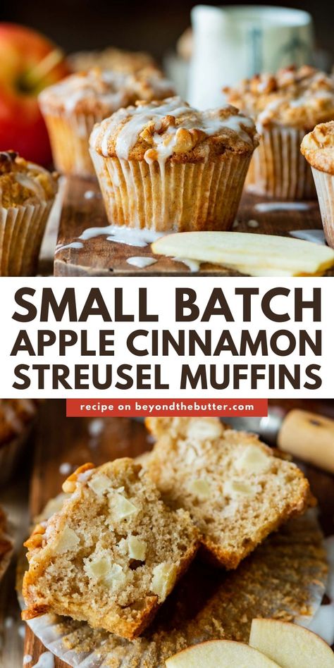 This small batch of Apple Cinnamon Streusel Muffins is moist and flavorful, packed with small delicious chunks of apple, chopped walnuts, and warm flavors of cinnamon and nutmeg. To bring it all together, pair it with a sweet, crumbly streusel topping and vanilla glaze! For the full recipe visit BeyondtheButter.com! Apple Cinnamon Streusel Muffins, Apple Walnut Muffins, Apple Streusel Muffins, Cinnamon Streusel Muffins, Apple Muffin Recipes, Walnut Muffins, Apple Streusel, Small Batch Baking, Apple Cinnamon Muffins