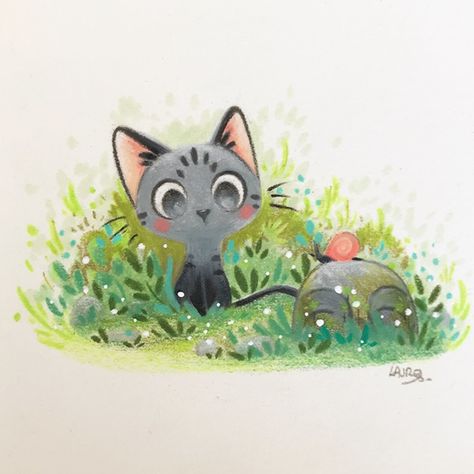 Cat In Garden, Cat In The Garden, Acryla Gouache, Gouache And Watercolor, Garden Illustration, Pressed Paper, Garden Drawing, Little Cat, Cute Animal Drawings