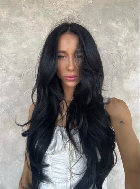 Jet Black Long Hair With Layers, Black Layered Long Hair, Dark Hair Long Haircut, Feathered Black Hair, Long Dark Hair Blowout, Jet Black Hair Extensions, Black Medium Hair With Layers, Long Black Hair With Extensions, Hair Extension Layers