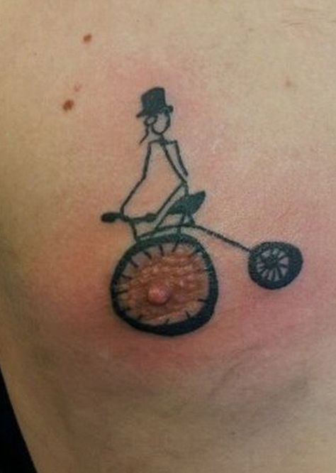 "By, Jove... I think I'll take the nipple for a spin." Really Bad Tattoos, Bike Funny, Terrible Tattoos, Face Tats, Krishna Tattoo, No Regrets Tattoo, Bike Tattoos, Bone Tattoos, Tattoo Fails