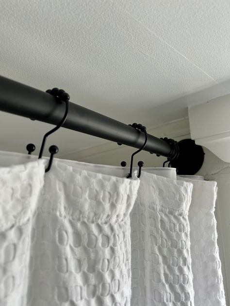 #blackshowerrod #showerrod #bathroomremodel #bathroomdiy #bathroomhardware #curvedshowerrod Black Pipe Shower Curtain Rod, Shower Curtain Rod Ideas, Black Shower Curtain Rod, Small Shower Stalls, Black Shower Curtain, Black Shower Curtains, Garage Tool Storage, Shower Curtain Rod, Small Showers