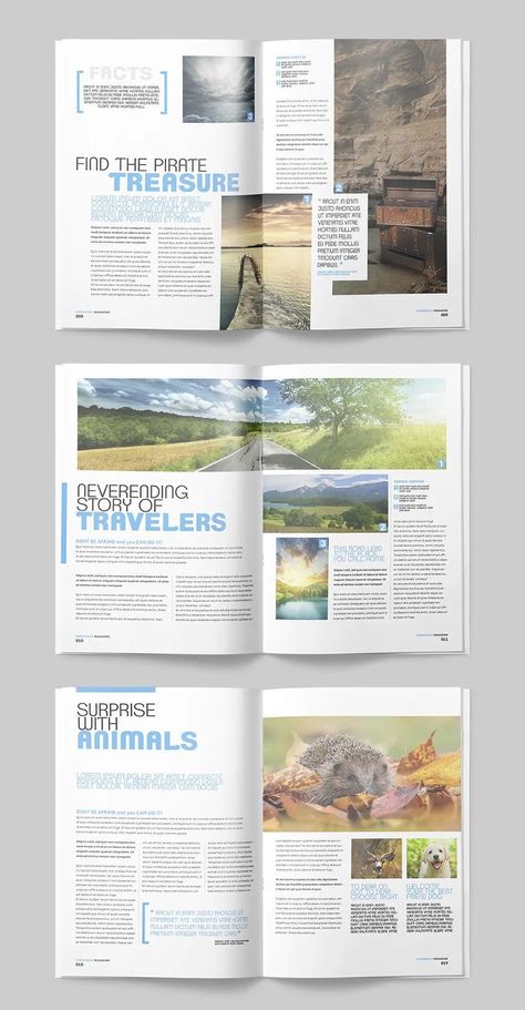 Travel Magazine Template InDesign - 25 unique pages Booklet Design Inspiration, Indesign Layout Inspiration, Layout Editoriale, Travel Magazine Design, Travel Magazine Layout, Magazine Page Design, Magazine Design Cover, Indesign Layout, Mises En Page Design Graphique