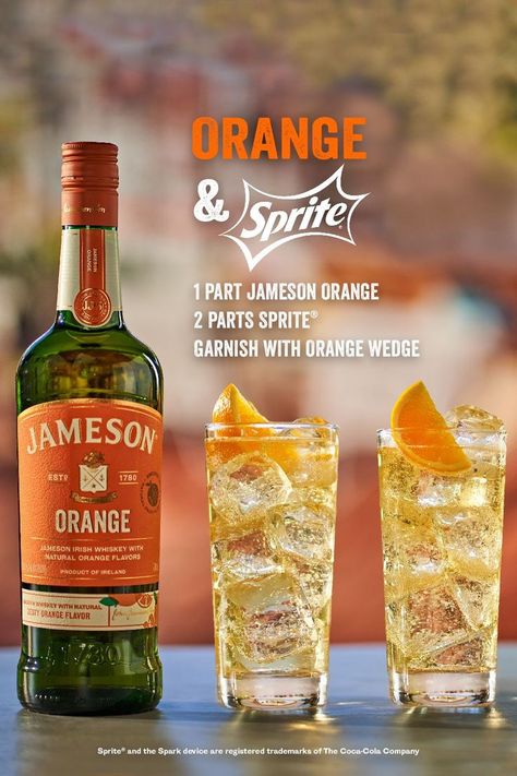 Jameson Orange, Jameson Whiskey Drinks, Jameson Drinks, Sprite Recipe, Jameson Cocktails, Whiskey Drinks Recipes, Bartender Drinks Recipes, Irish Drinks, Desert Drinks