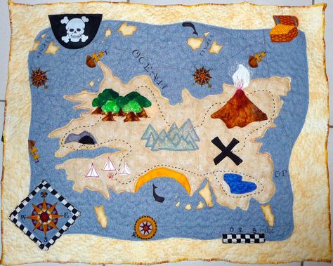 Pirate Quilt Ideas, Diy Toys Sewing, Pirate Quilt, Storybook Nursery, Dragon Quilt, Pirate Map, Mermaid Quilt, Map Quilt, Nautical Quilt