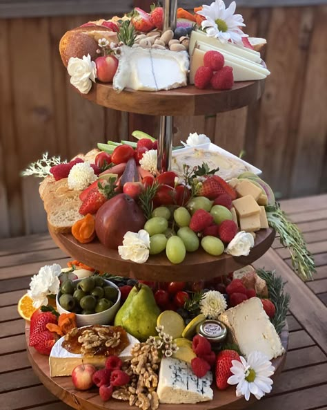 Stacked Charcuterie Board, Two Tier Tray Charcuterie, Tiered Cheese Board, Tiered Tray Appetizers, Cheese Board Table Display, 2 Tier Charcuterie Board, Charcuterie Board Tiered, 3 Tier Charcuterie Board Ideas, Tiered Appetizer Display